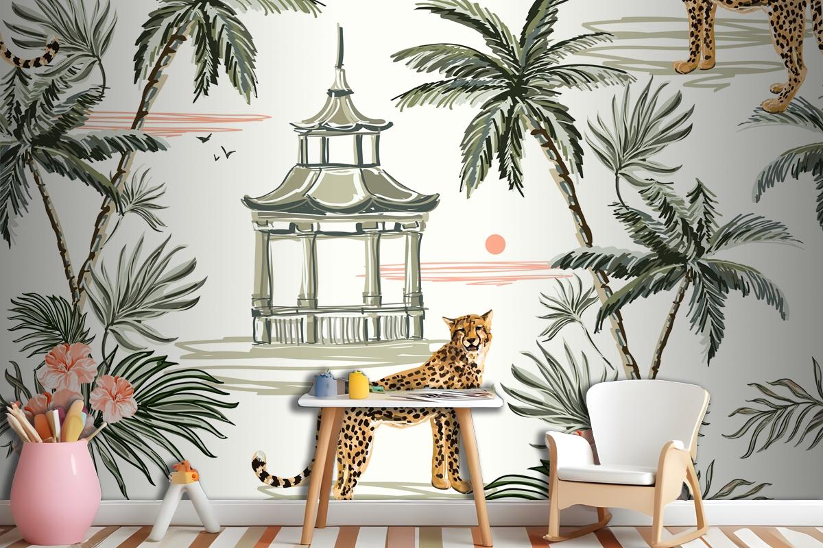 Seamless Pattern Background With Coconut Palm Trees Leopard Wallpaper Mural