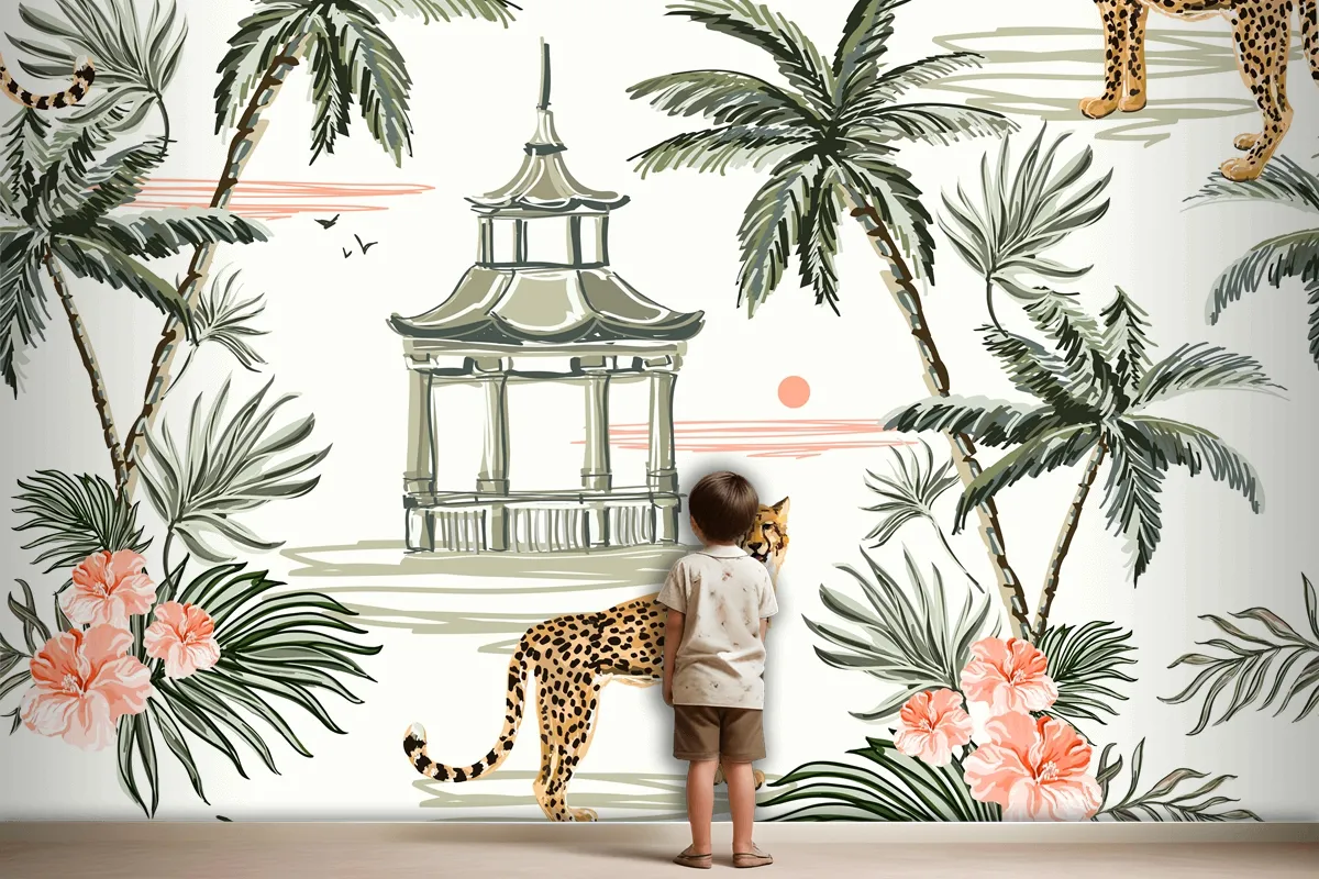 Seamless Pattern Background With Coconut Palm Trees Leopard Wallpaper Mural