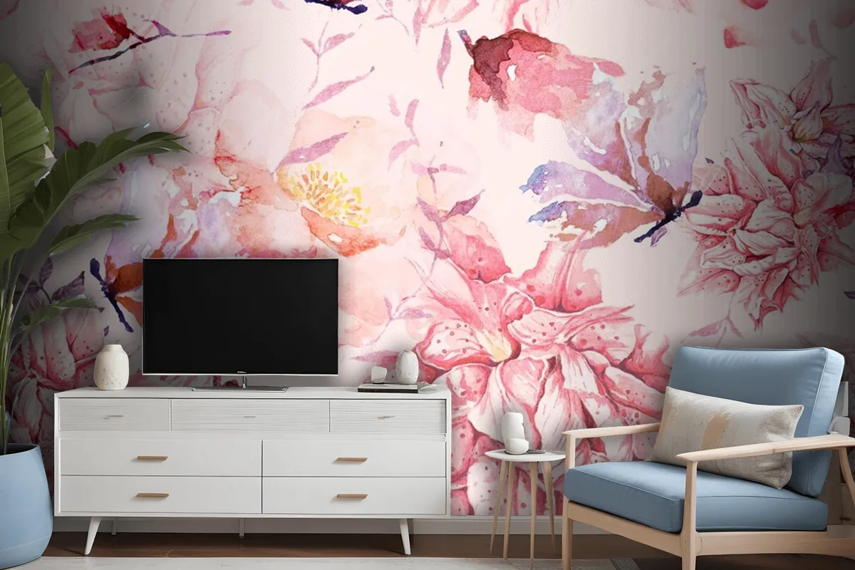 Seamless Pattern Of Lillies And Blooming Flower Wallpaper Mural