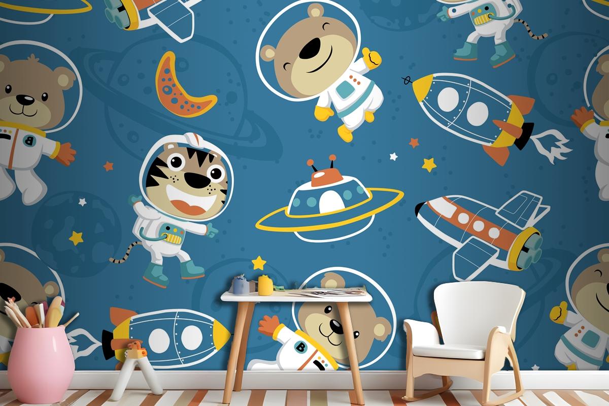 Seamless Pattern Of Funny Astronaut In Outer Space Transportation Wallpaper Mural