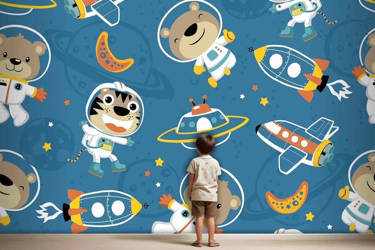 Seamless Pattern Of Funny Astronaut In Outer Space Transportation Wallpaper Mural