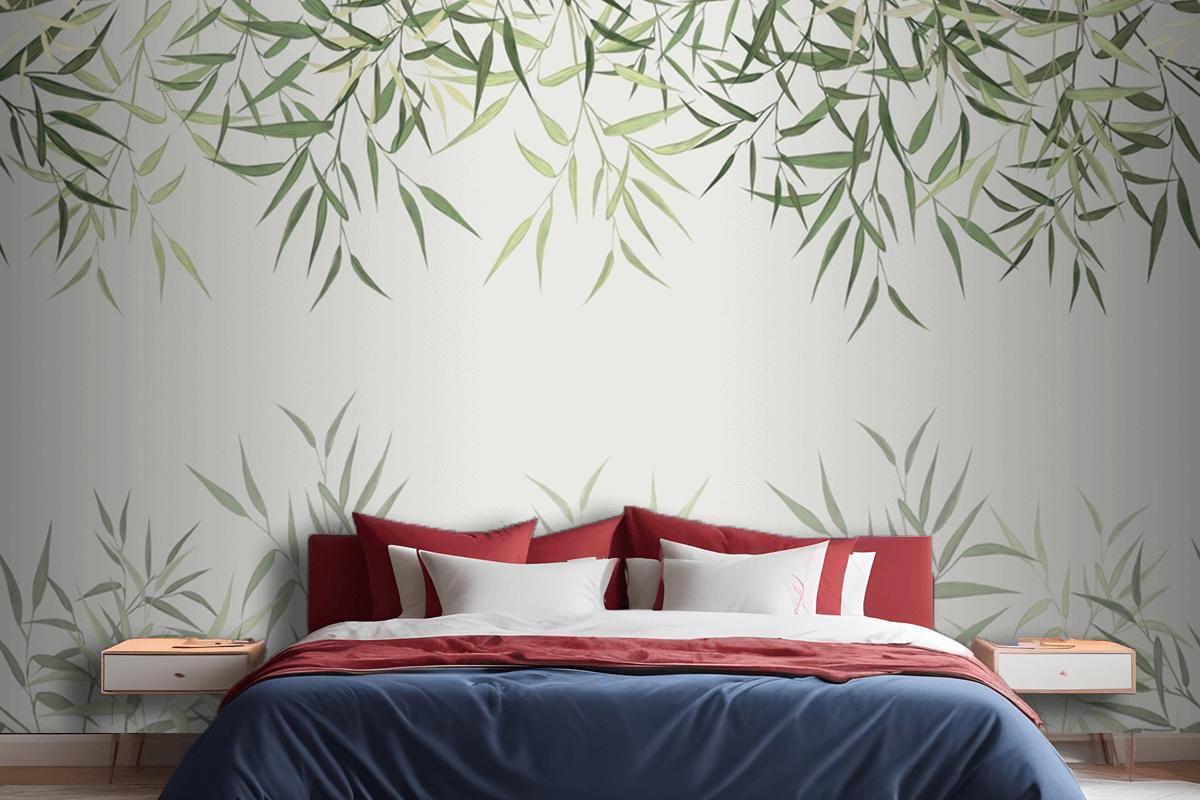 Seamless Pattern Of Reed Bamboo Leaves On A Light Background Wallpaper Mural