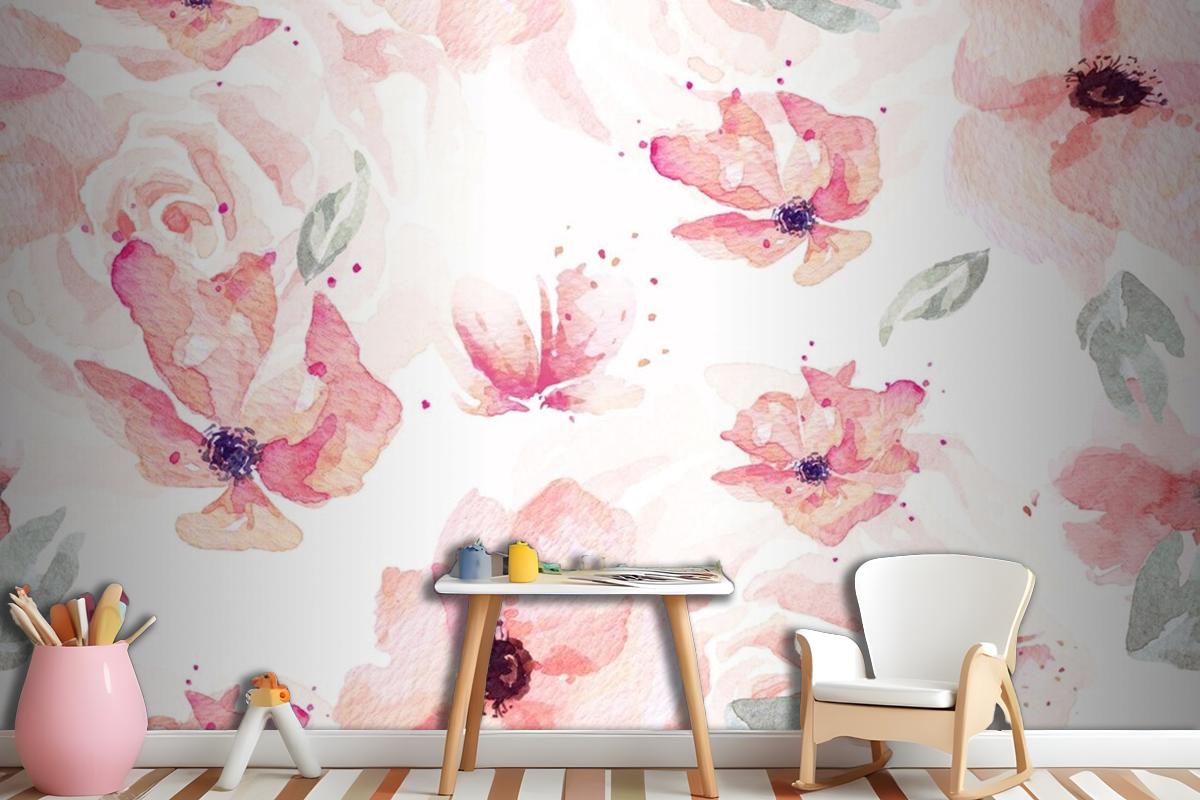 Seamless Pattern Of Rose And Orange Flowers Drawn Wallpaper Mural