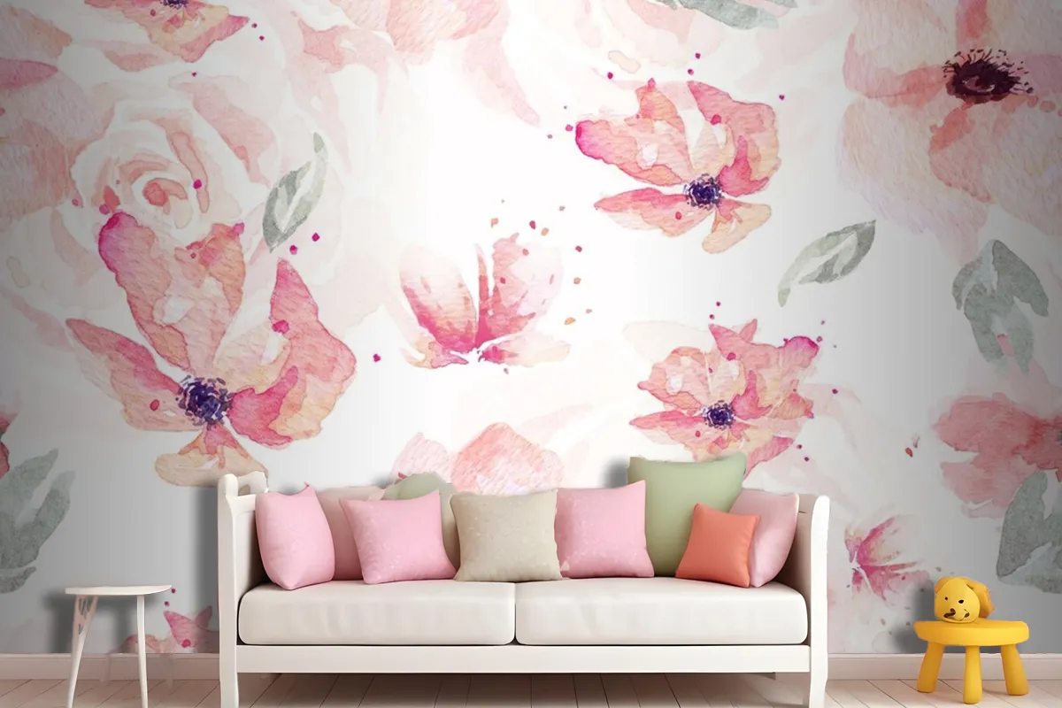 Seamless Pattern Of Rose And Orange Flowers Drawn Wallpaper Mural