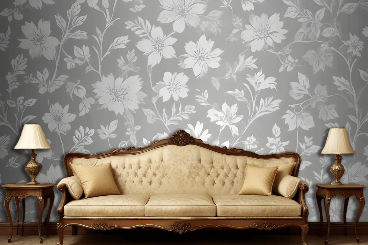 Seamless Pattern Of White Floral Silhouettes On A Light Gray Wallpaper Mural