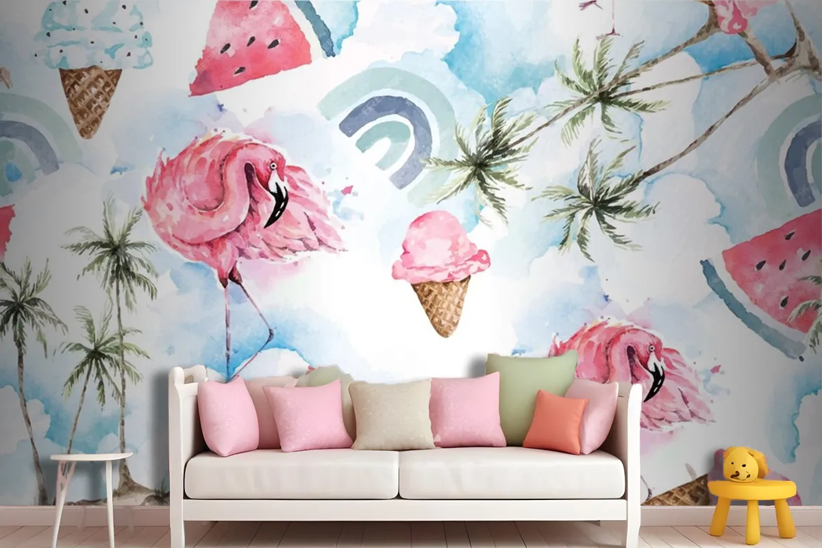 Seamless Pattern Palm Tree And Flamingo Wallpaper Mural