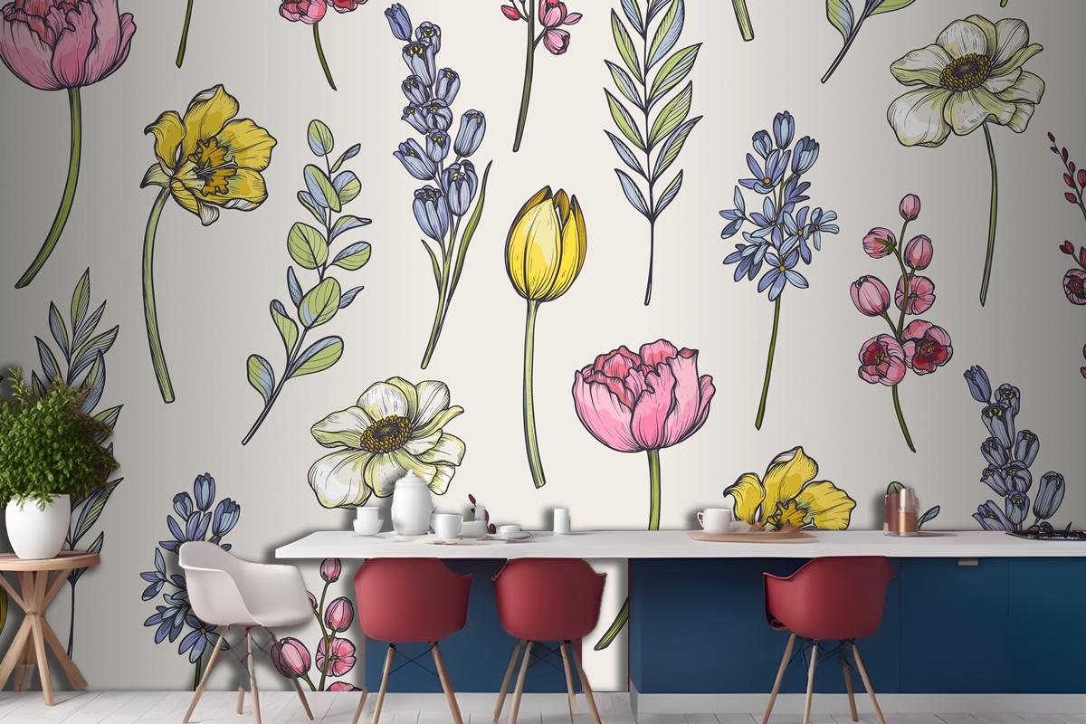 Seamless Pattern With Bouquets Of Spring Flowers Wallpaper Mural