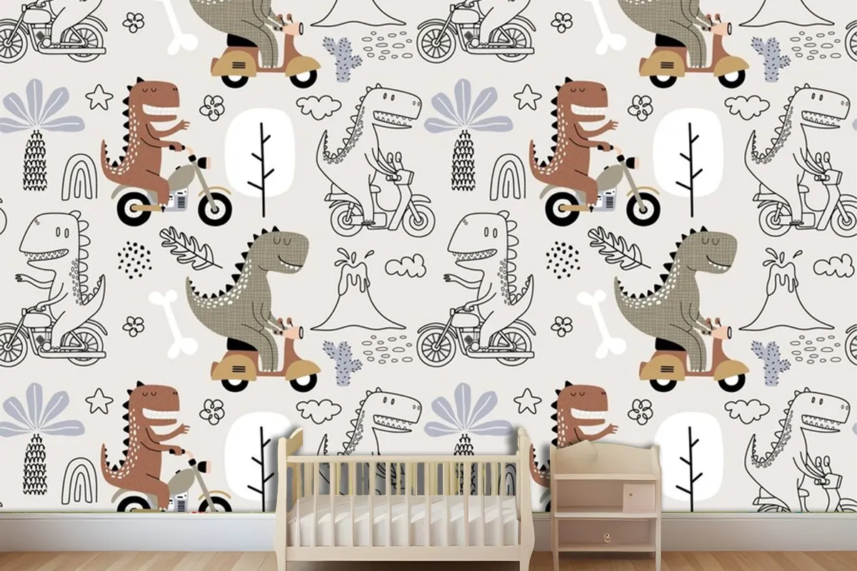 Seamless Pattern With Cute Dinosaur Riding A Motorbike Wallpaper Mural