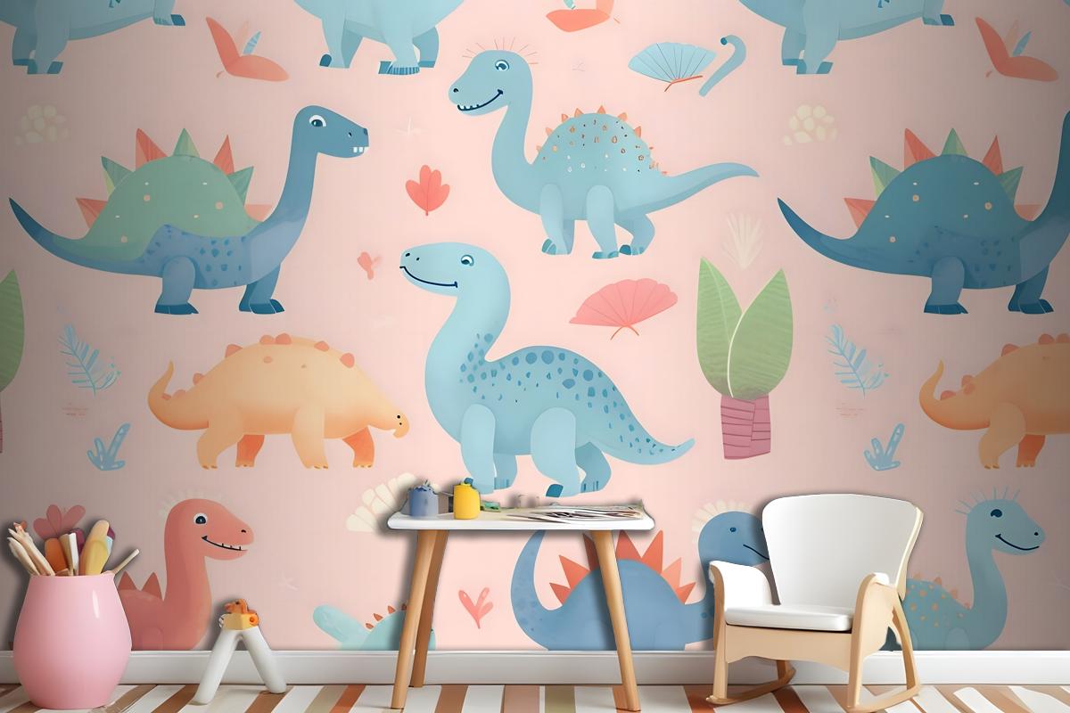 Seamless Pattern With Cute Dinosaurs Cute Dinosaurs Wallpaper Mural