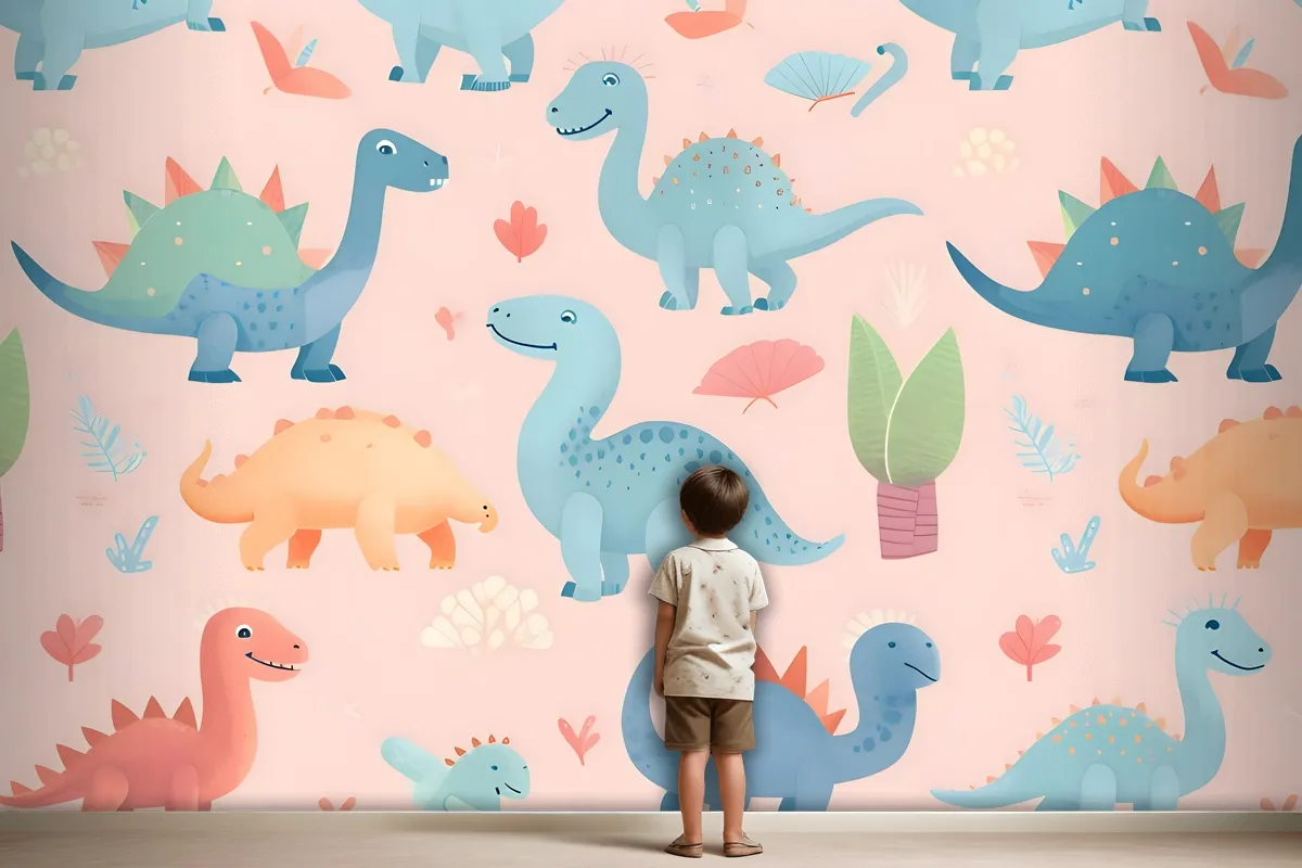 Seamless Pattern With Cute Dinosaurs Cute Dinosaurs Wallpaper Mural