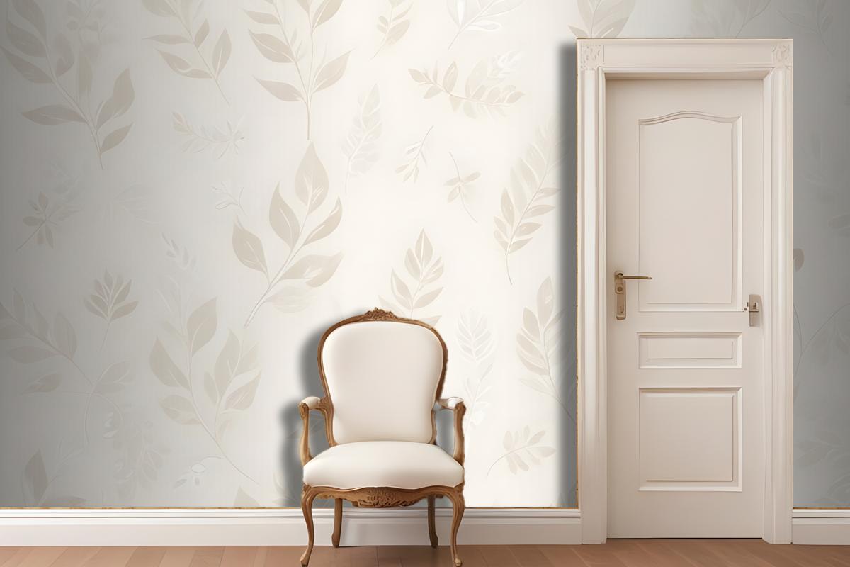 Seamless Pattern With Delicate White Leaves And Floral Elements On A Light Beige Wallpaper Mural