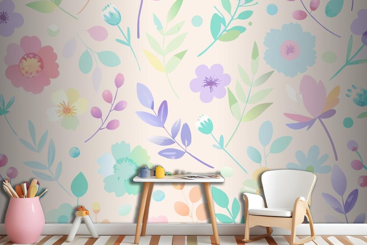 Seamless Pattern With Flowers And Leaves In Pastel Colors Wallpaper Mural