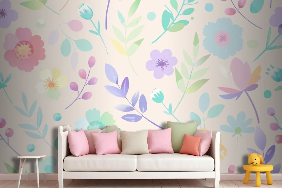 Seamless Pattern With Flowers And Leaves In Pastel Colors Wallpaper Mural