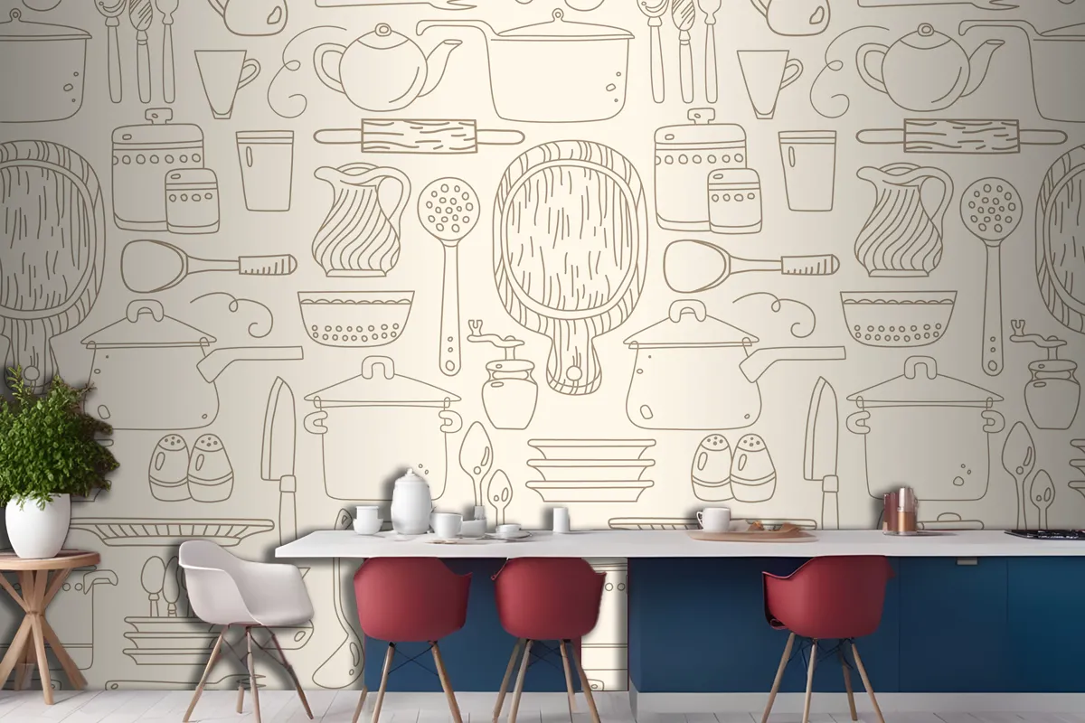 Seamless Pattern With Kitchen Utensils On Beige Wallpaper Mural