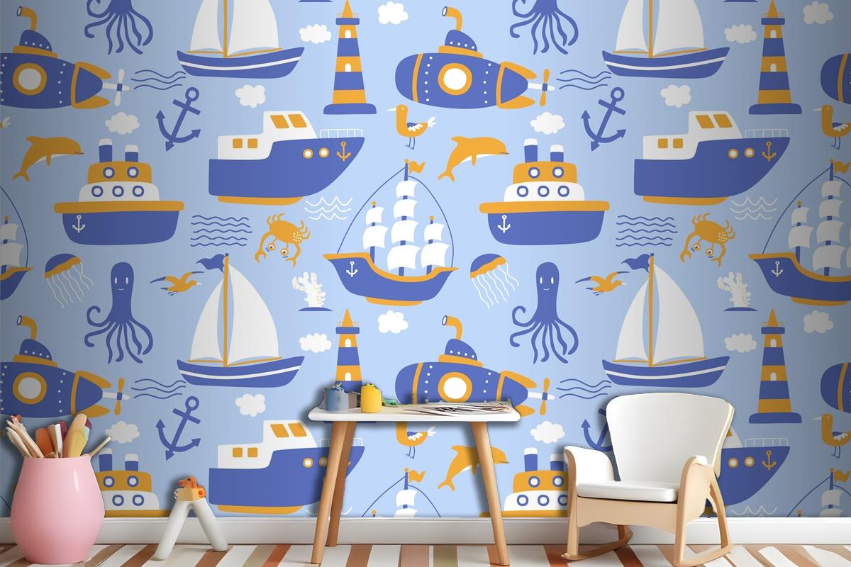 Seamless Pattern With Ships Wallpaper Mural