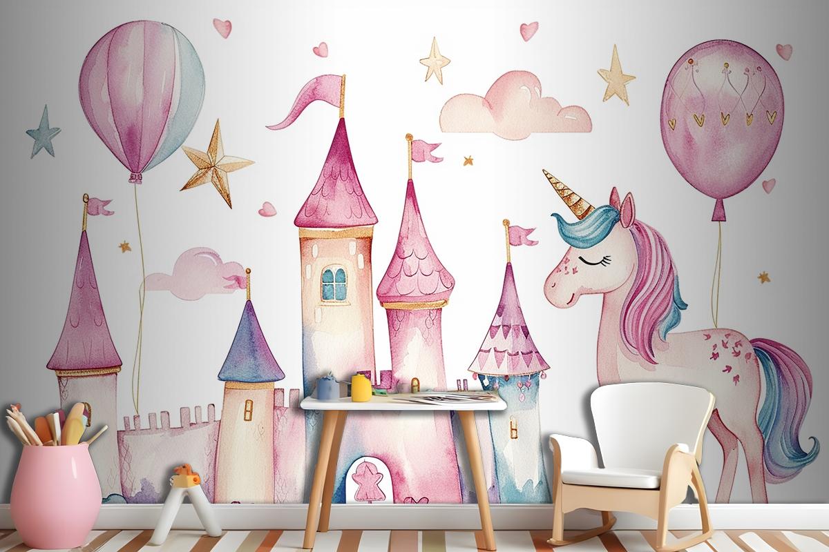 Set Of Cute Watercolor Kingdom Unicorn And Castle For Kids Book Birthday Party Wallpaper Mural