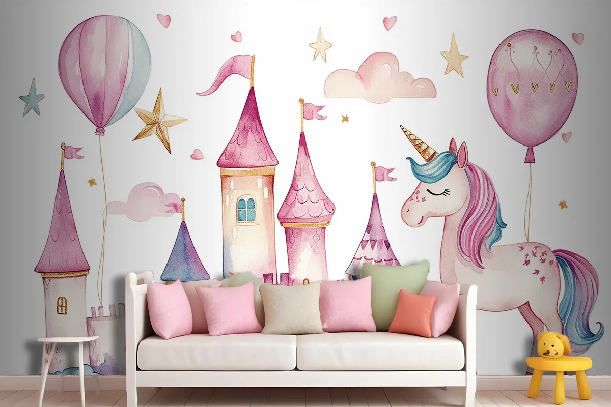 Set Of Cute Watercolor Kingdom Unicorn And Castle For Kids Book Birthday Party Wallpaper Mural