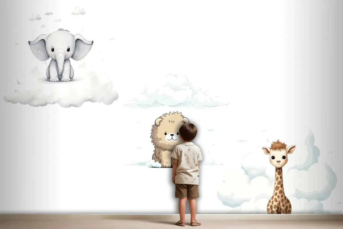 Set Sute Baby Funny Animals Elephant Giraffe Lion Wallpaper Mural