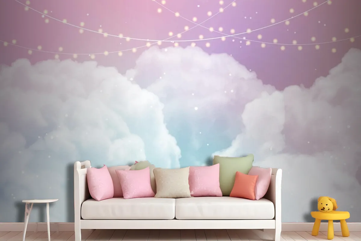 Sky Background With Sugar Cotton Candy Clouds And Stars Design Wallpaper Mural