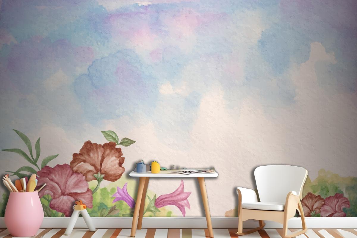 Sky View Watercolor Landscape Background With Flowers Wallpaper Mural