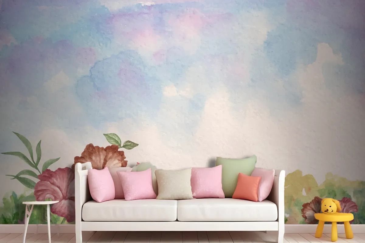 Sky View Watercolor Landscape Background With Flowers Wallpaper Mural