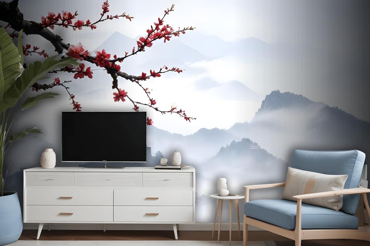 Snowy Mountainscape With Cherry Blossom Wallpaper Mural