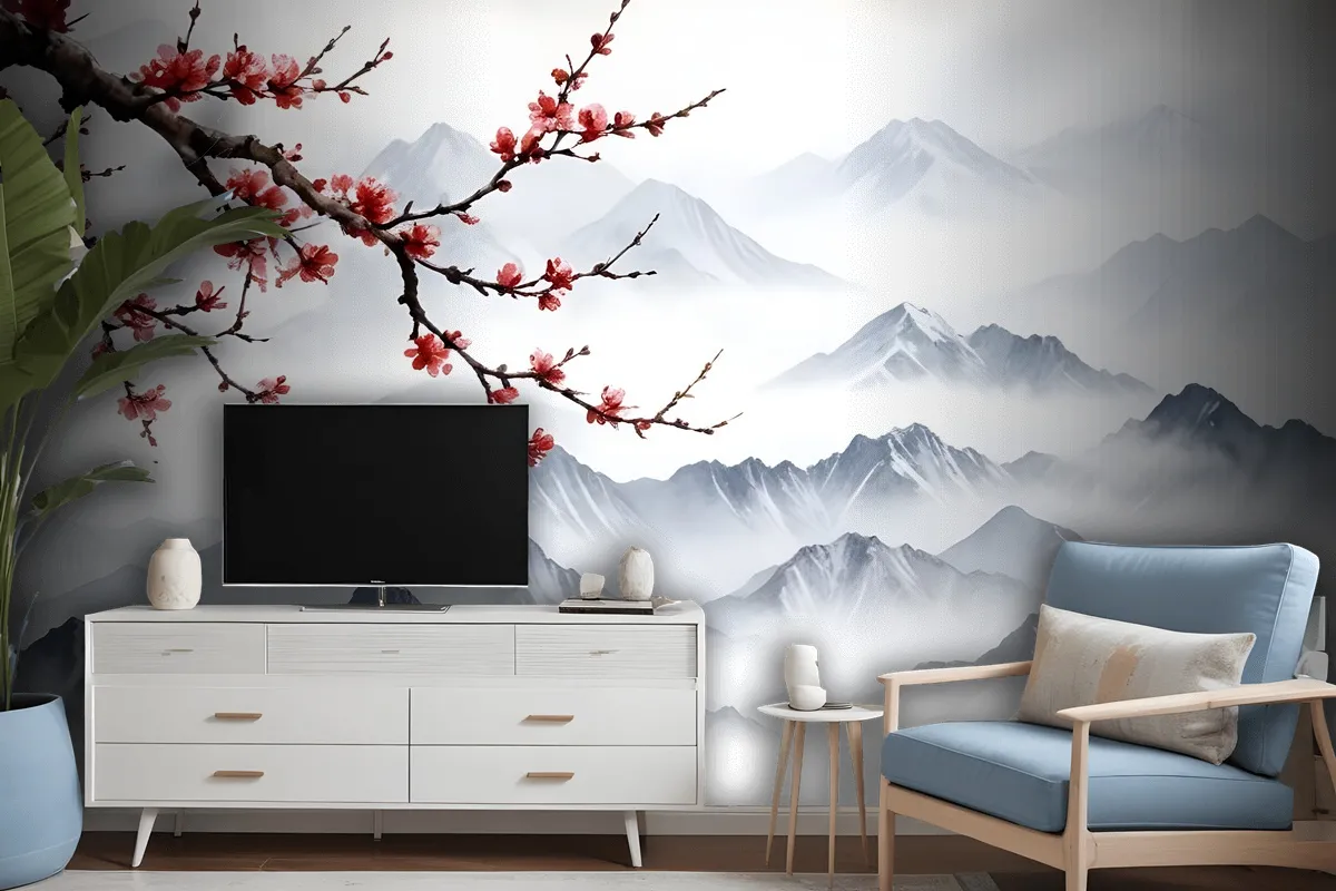 Snowy Mountainscape With Cherry Blossom Wallpaper Mural