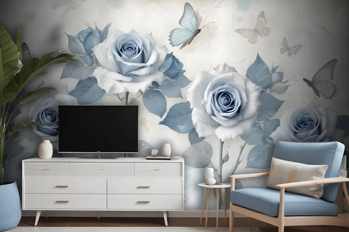 Soft Blue Floral Wallpaper Mural