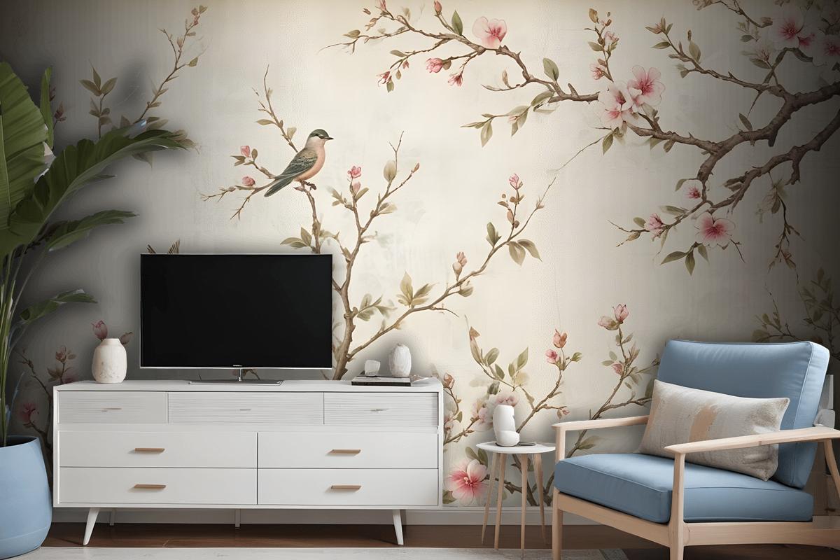 Soft Chinese Florals With Little Birds Wallpaper Mural