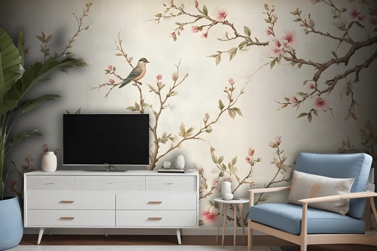 Soft Chinese Florals With Little Birds Wallpaper Mural