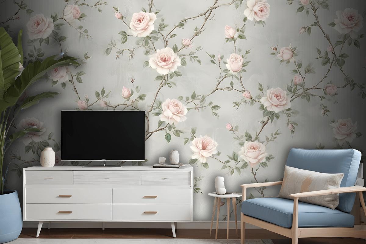 Soft Chinoiserie Peony Tree Blossom Art Wallpaper Mural