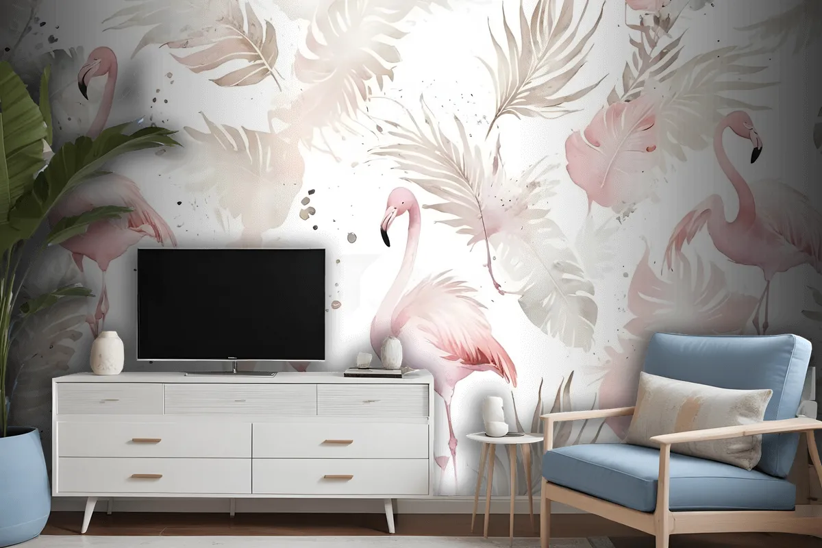 Soft Flamingo Art With Boho Tropical Leaf Wallpaper Mural