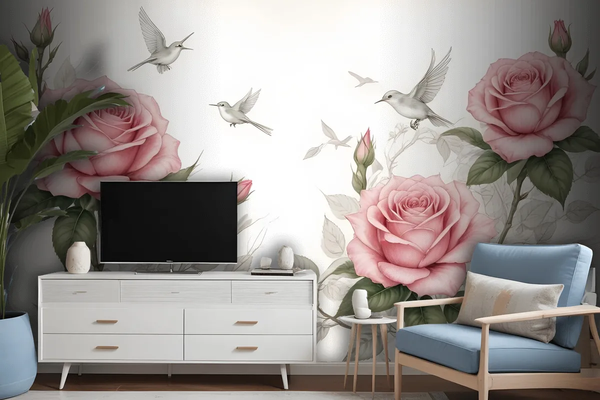 Soft Pink Flower And Charcoal Drawing Roses Wallpaper Mural