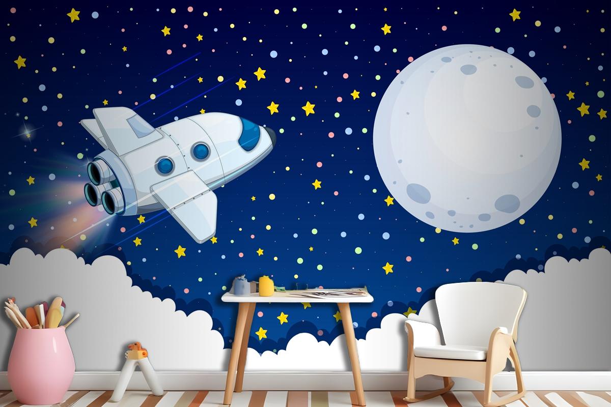 Spaceship Flying To The Moon Wallpaper Mural