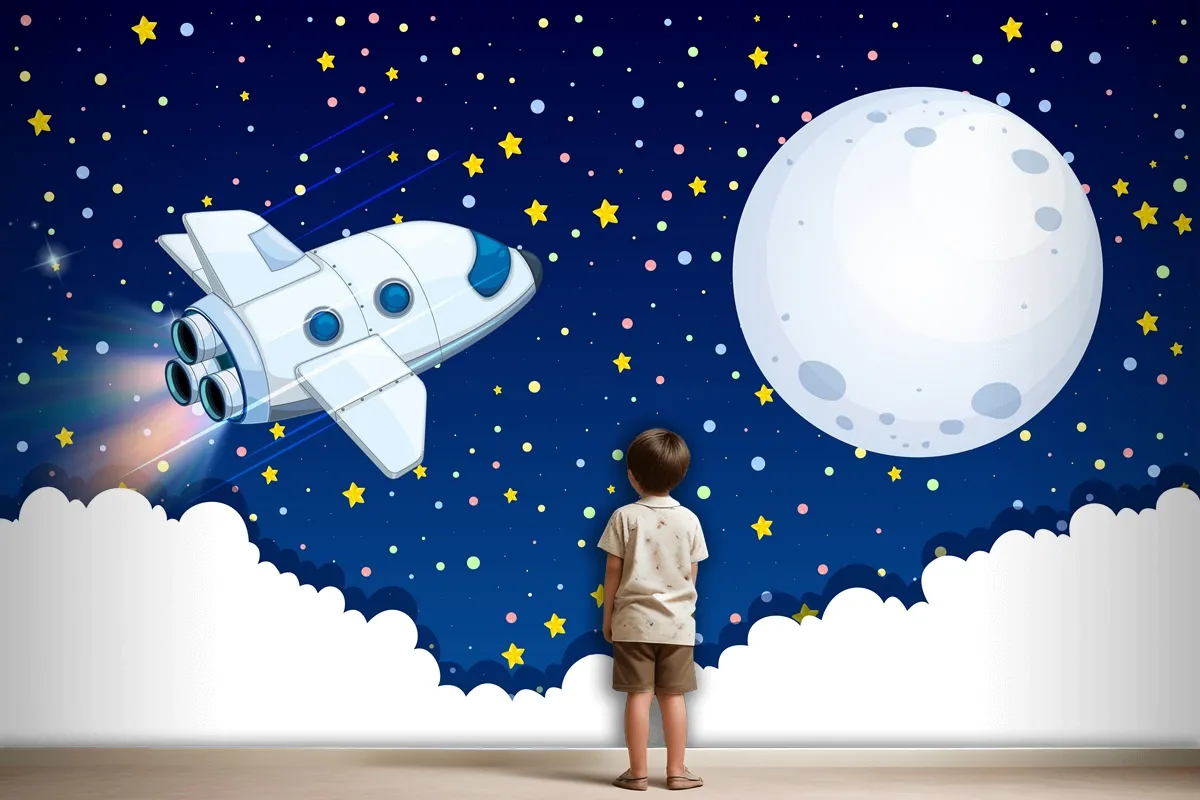 Spaceship Flying To The Moon Wallpaper Mural