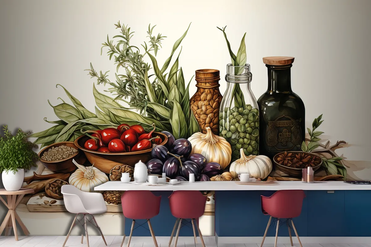 Spices And Herbs On Table Food And Cuisine Ingredients On Table Wallpaper Mural