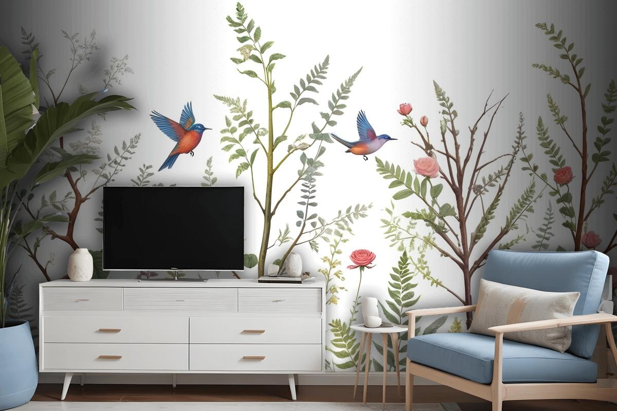 Spring Flower With Birds On The Trees Wallpaper Mural