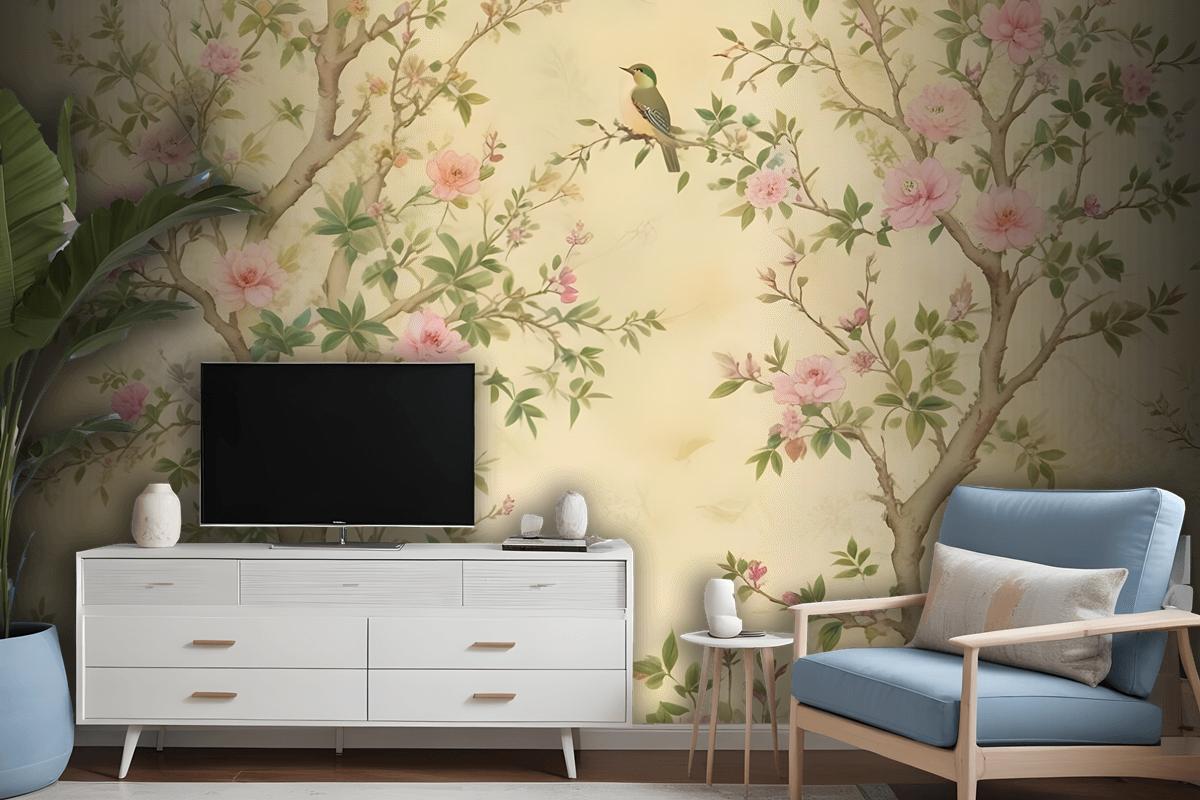 Spring Flowers Birds On The Yellow Background Floral Chinoiserie Wallpaper Mural