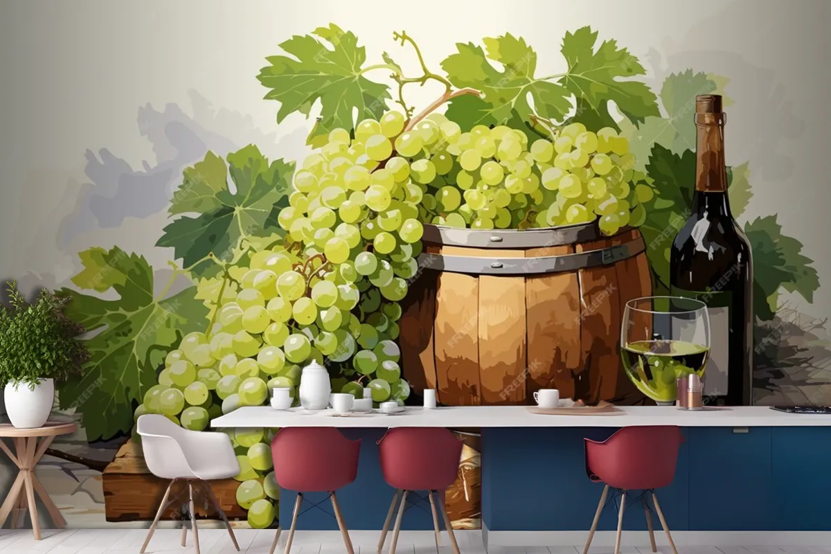 Still Life With Bottle Of White Wine Glass Of Wine And Grapes On Table In Vineyards Wallpaper Mural