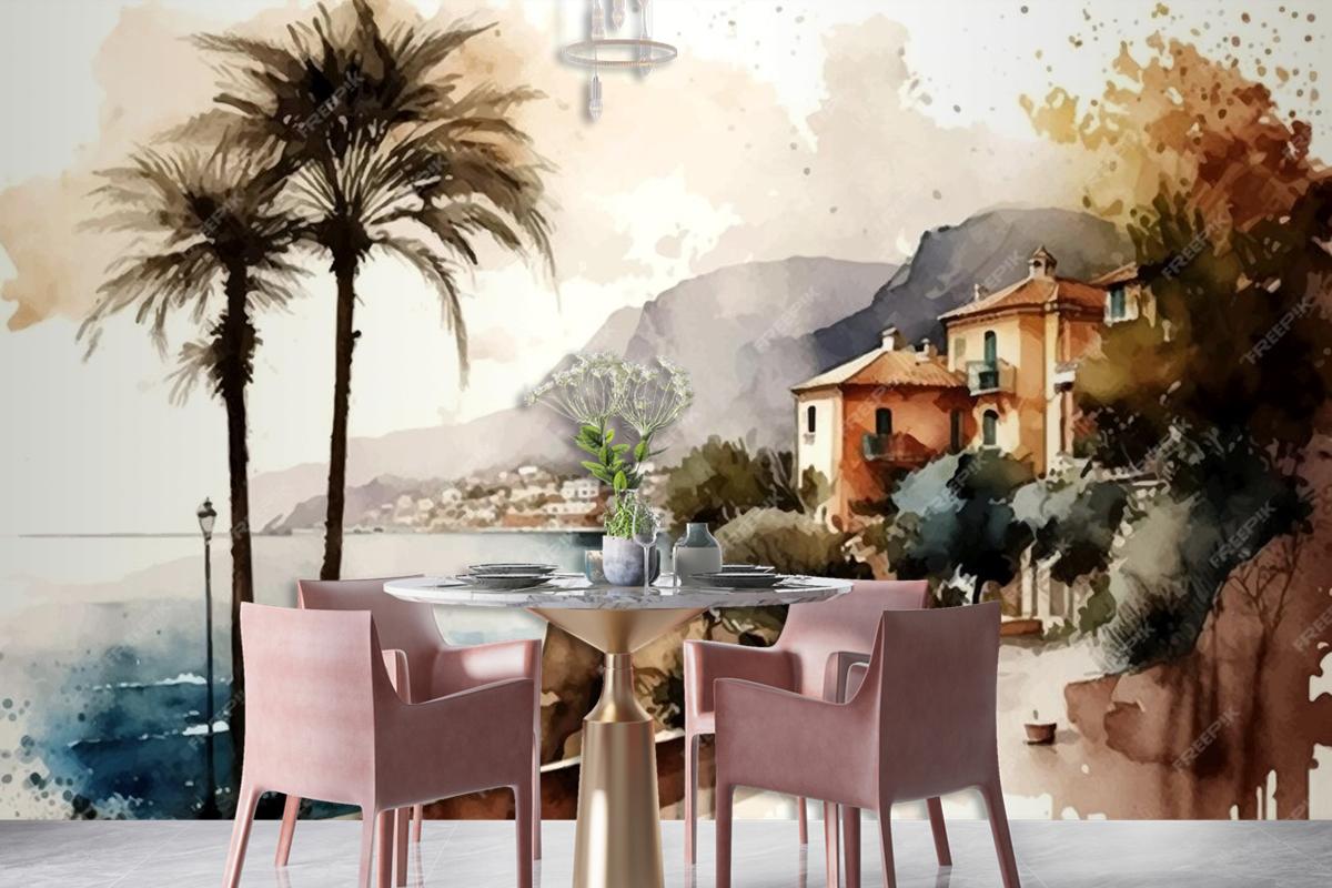 Stunning Landscape Painting With Seaside City Silhouette Wallpaper Mural