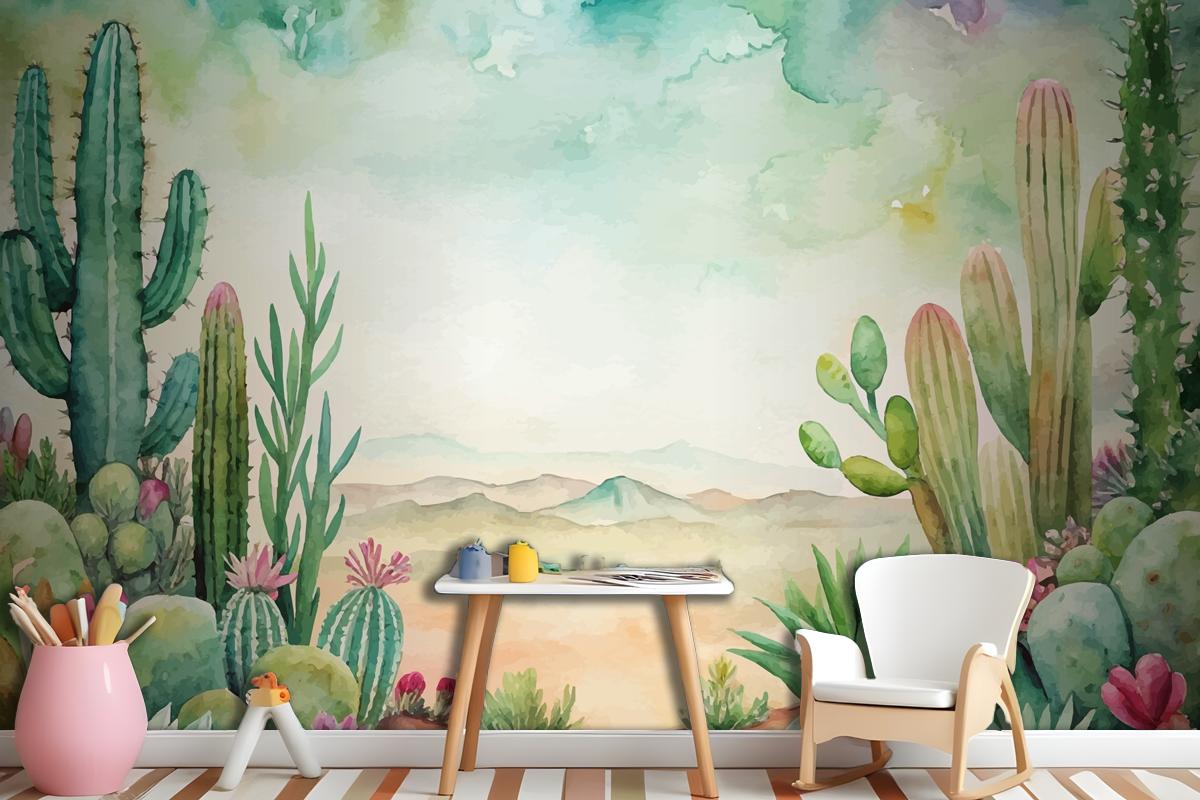 Succulent And Cactus Watercolor Background Wallpaper Mural