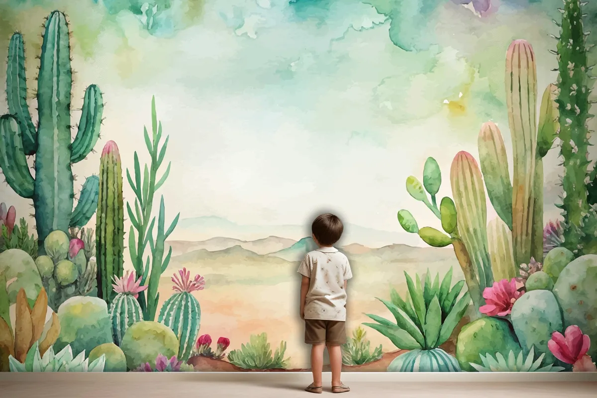 Succulent And Cactus Watercolor Background Wallpaper Mural