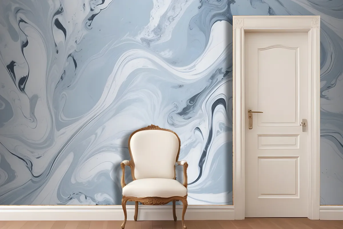 Swirling Blue And White Marble Pattern Wallpaper Mural