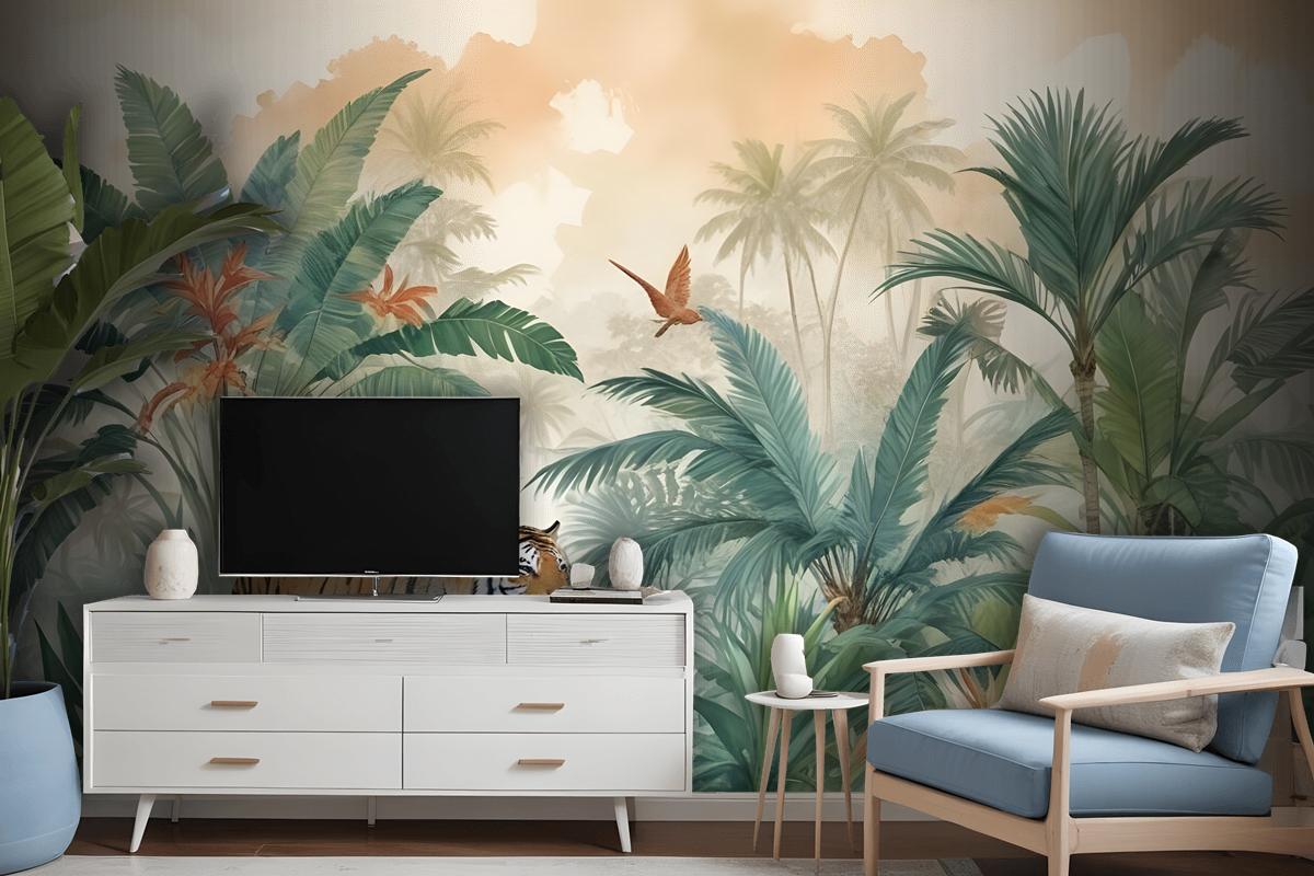 Tiger And Tropical Leaves Wallpaper Mural