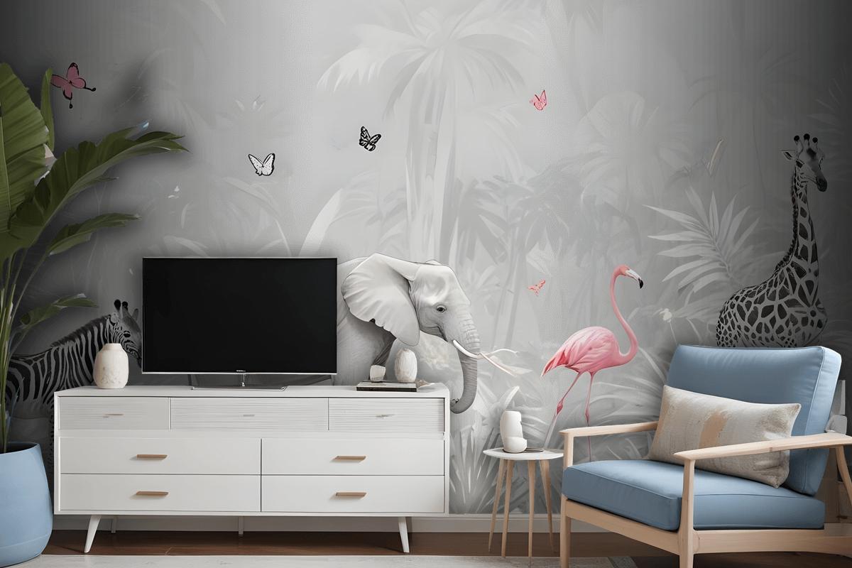 Tropical Animals With Leafs Wallpaper Mural For Children