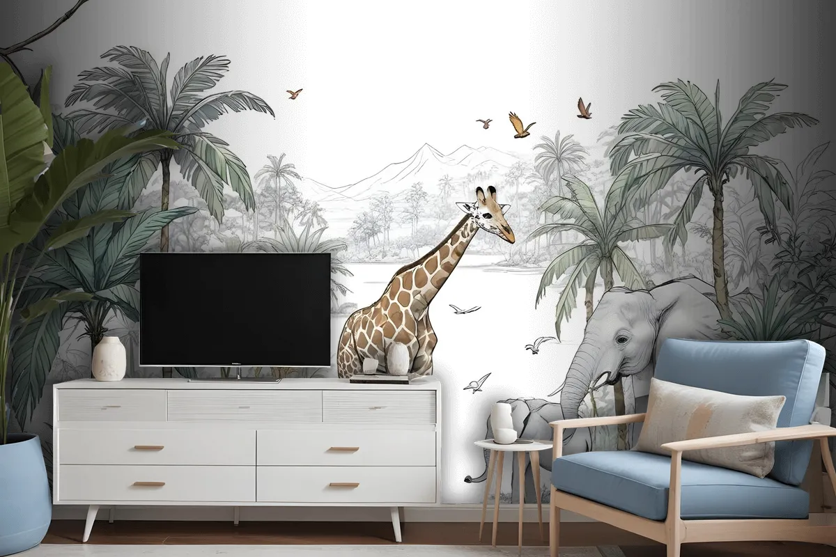 Tropical Animals With Mountain Wallpaper Mural