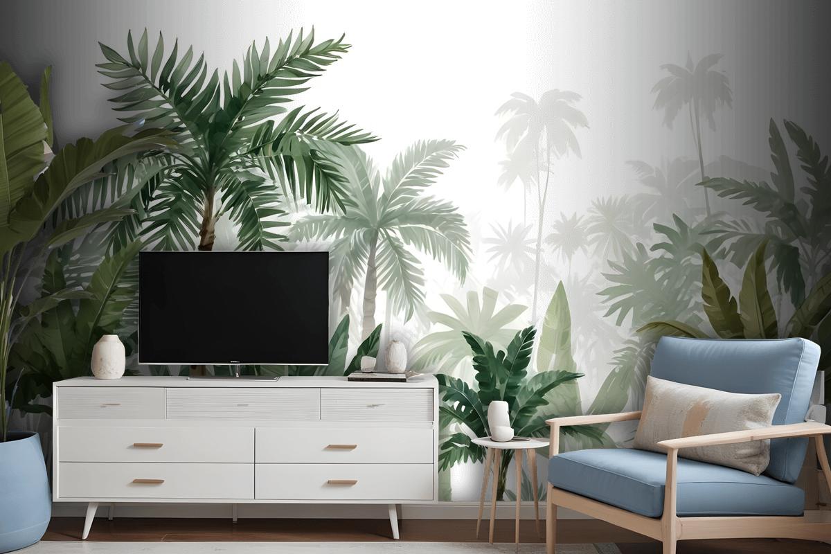 Tropical Cartoon Palm Tree And Banana Leaves Wallpaper Mural