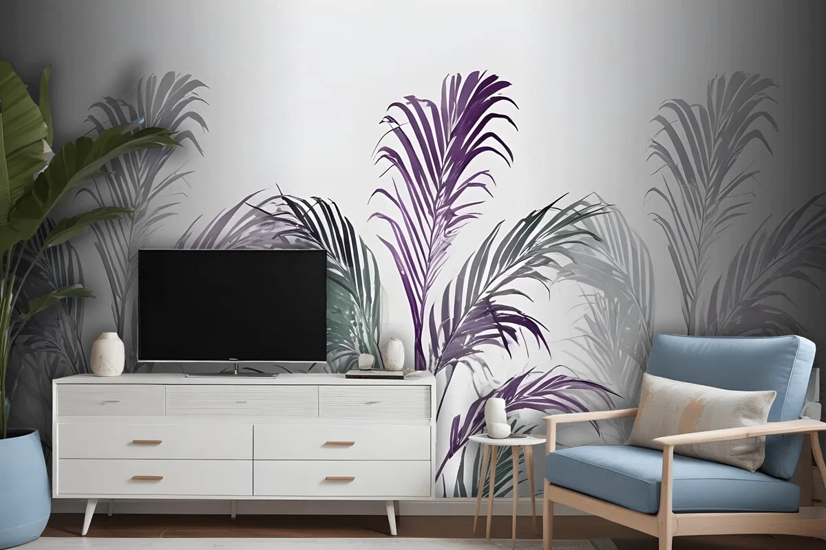 Tropical Fresh Purple Green Palm Leaves Wallpaper Mural