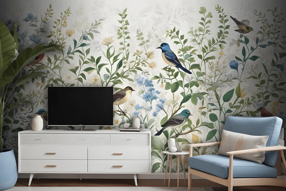 Tropical Green Leaves With Stork Wallpaper Mural