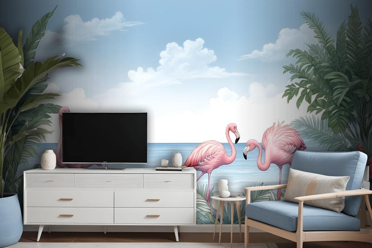 Tropical Landscape With Flamingos Wallpaper Mural